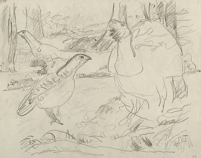 Robert Hainard - Coq, poule et jeune coq - Copyright Fondation Hainard