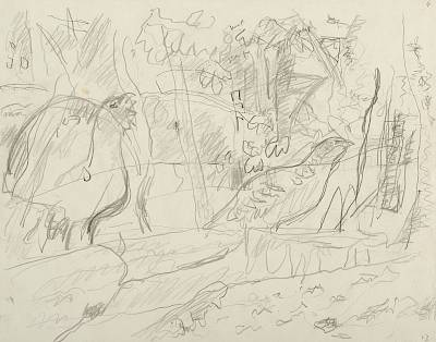Robert Hainard - Grand-coq, poule et ciel d'aube (croquis) - Copyright Fondation Hainard