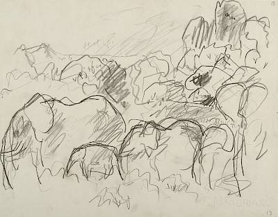 Robert Hainard - Eléphants, femelles et jeunes (croquis) - Copyright Fondation Hainard