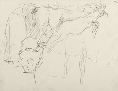 Robert Hainard - Bouquetins, femelle et jeune bondissant (croquis) - Copyright Fondation Hainard