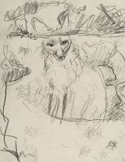 Robert Hainard - La renarde pleine hésite à sortir (croquis) - Copyright Fondation Hainard