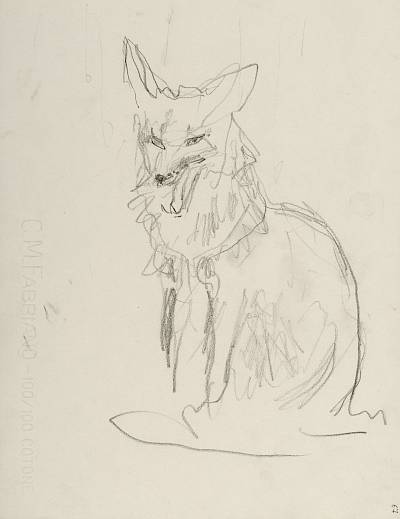 Robert Hainard - La renarde pleine hésite à sortir (croquis) - Copyright Fondation Hainard