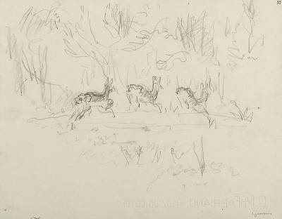 Robert Hainard - Trois chevreuils fuyant dans le givre (croquis) - Copyright Fondation Hainard