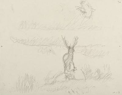 Robert Hainard - Cerf et héron dans le brouillard (croquis) - Copyright Fondation Hainard