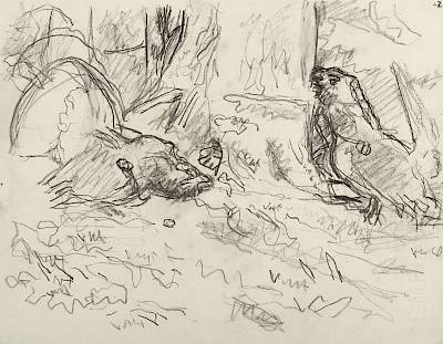 Robert Hainard - Affrontement de grands coqs (croquis) - Copyright Fondation Hainard