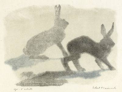 Robert Hainard - Deux lièvres au clair de lune, sur la neige - Copyright Fondation Hainard